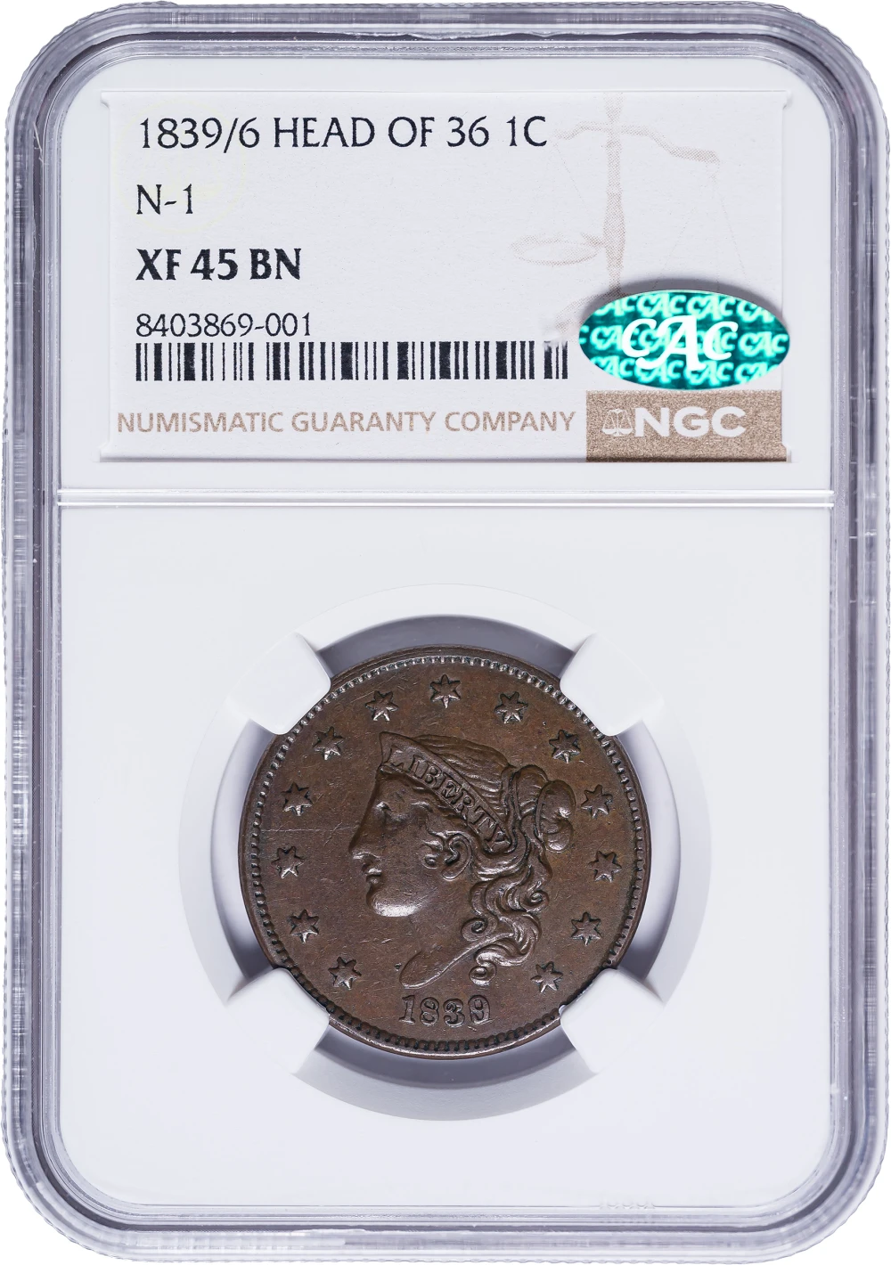 Very Rare NGC EF-45 CAC 1839/6 Large Cent