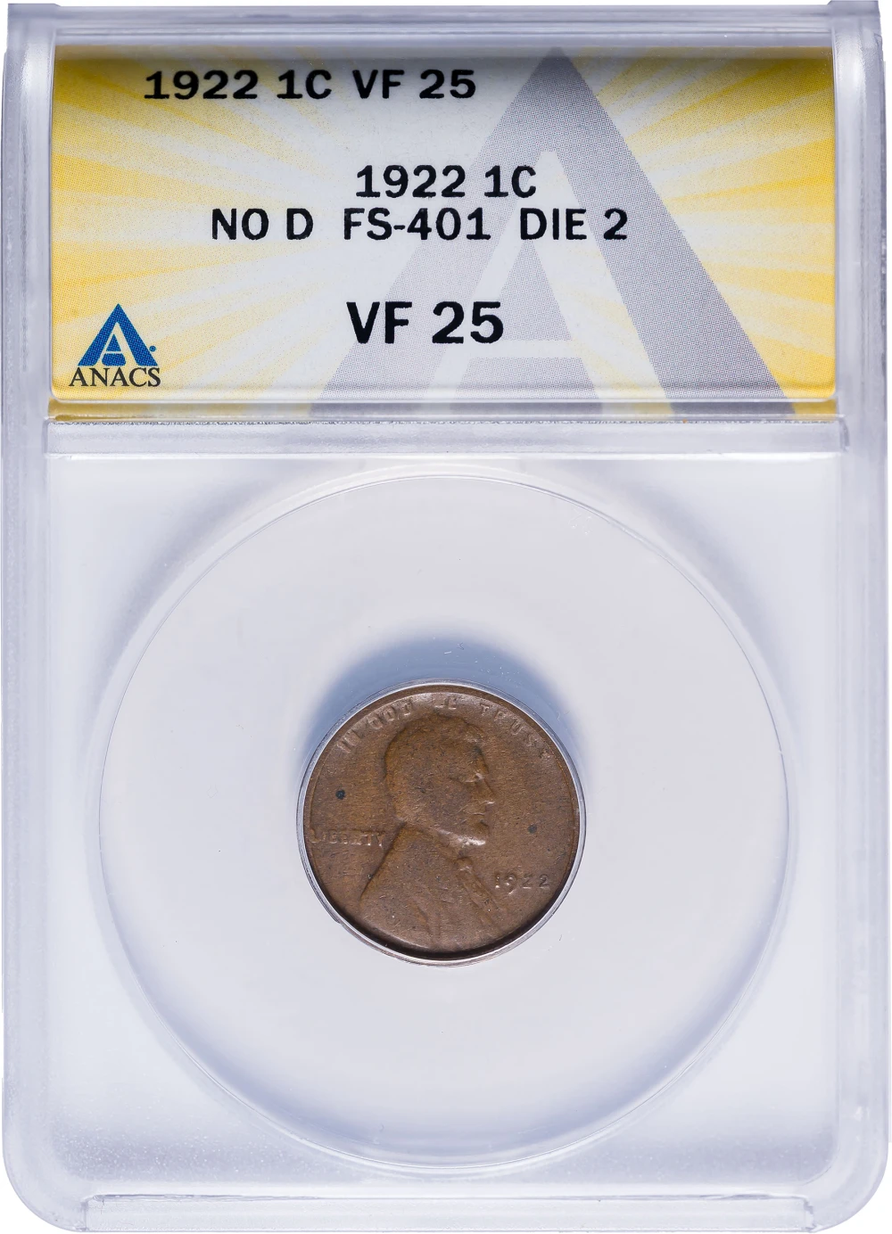 ANACS VF-25 1922 No D 1922 Lincoln Cent