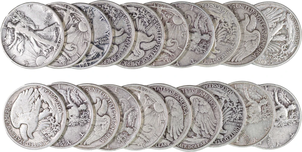 Roll Of Circulated Walking Liberty Half Dollars