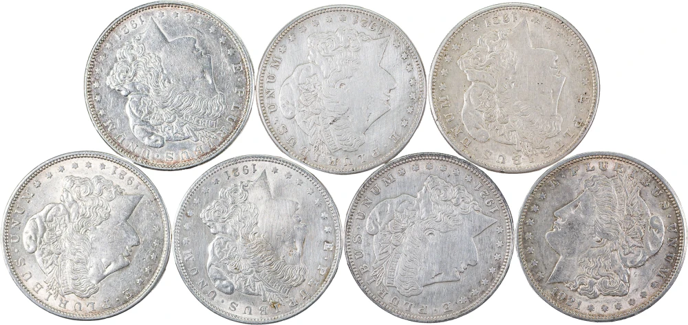7 Pcs Mixed 1921 Morgan Dollars