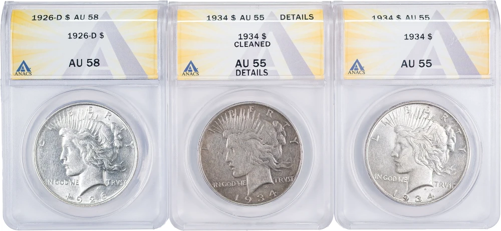 ANACS AU Peace Dollar Trio