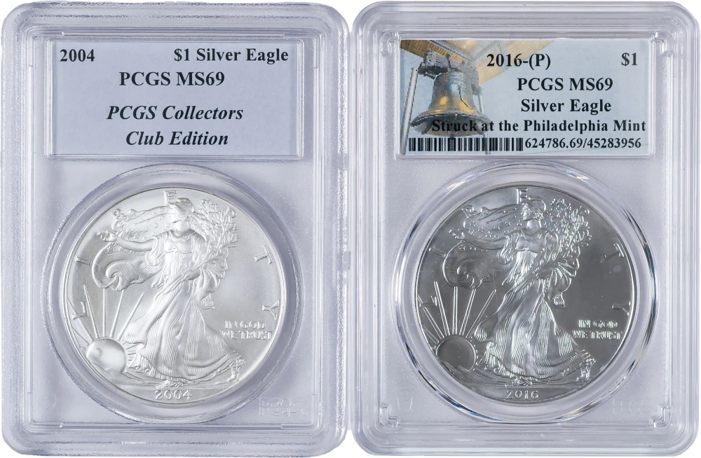 Pair Of PCGS MS-69 Silver Eagles