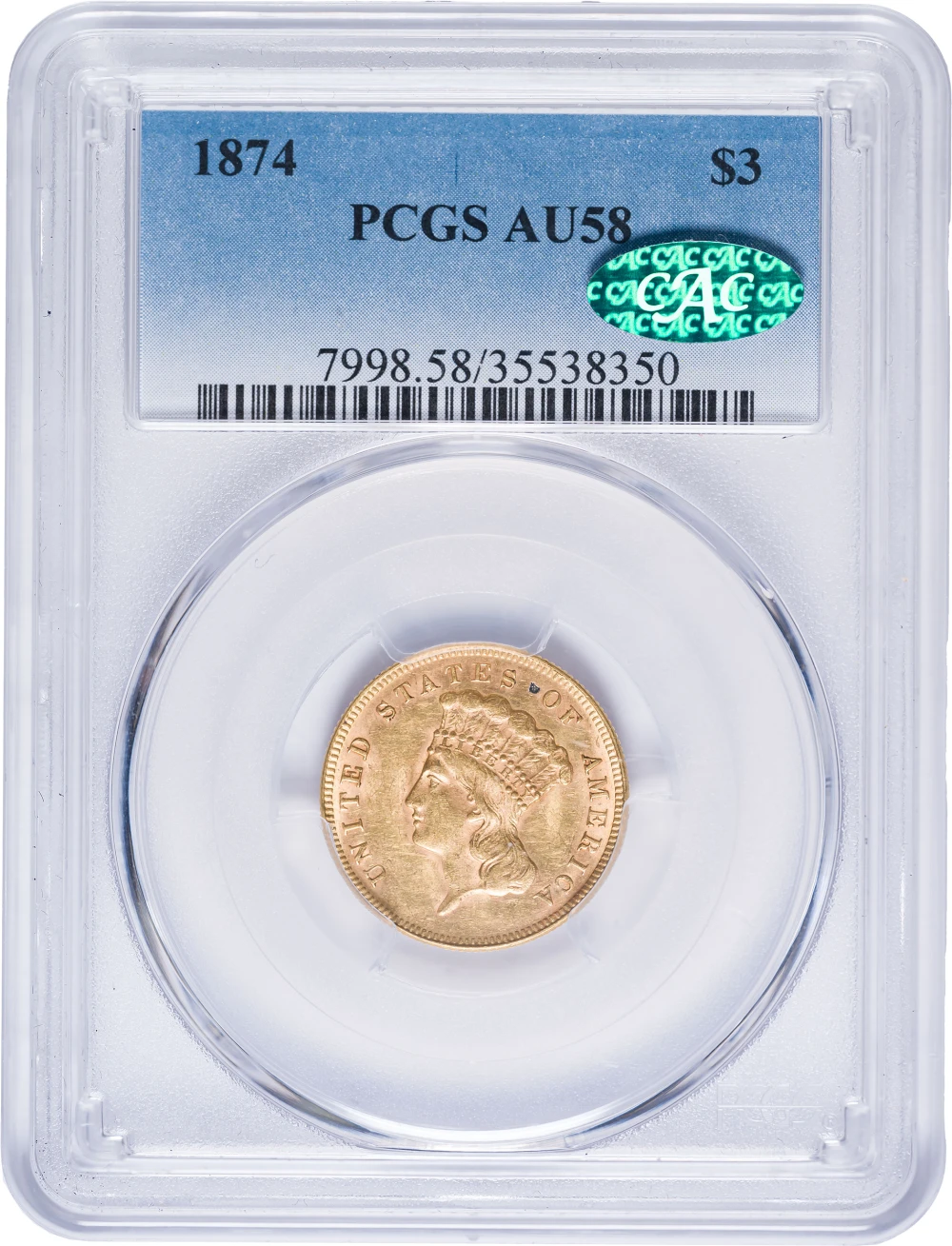 PCGS AU-58 CAC 1874 Gold $3