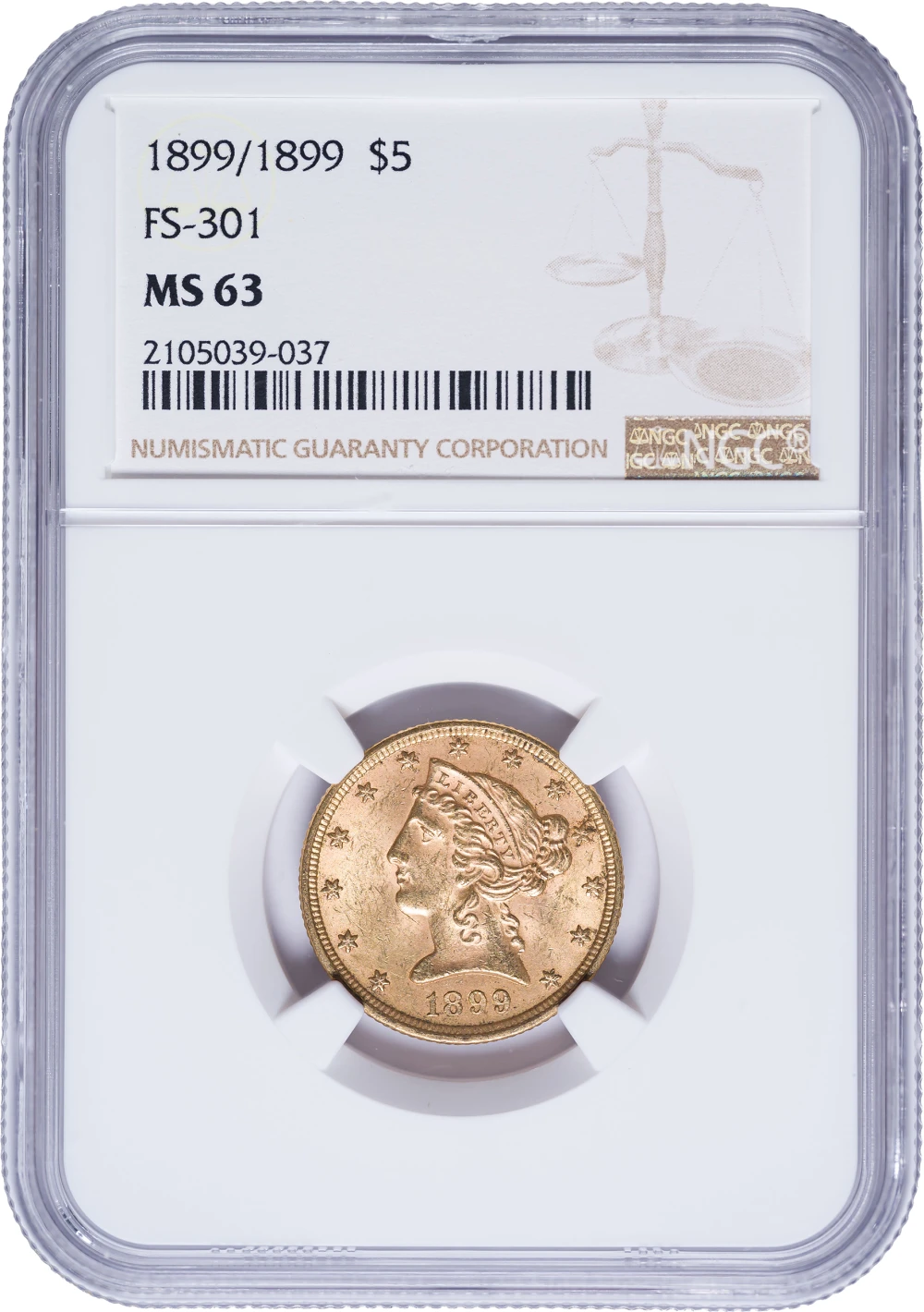 NGC MS-63 1899/1899 Gold $5 Liberty