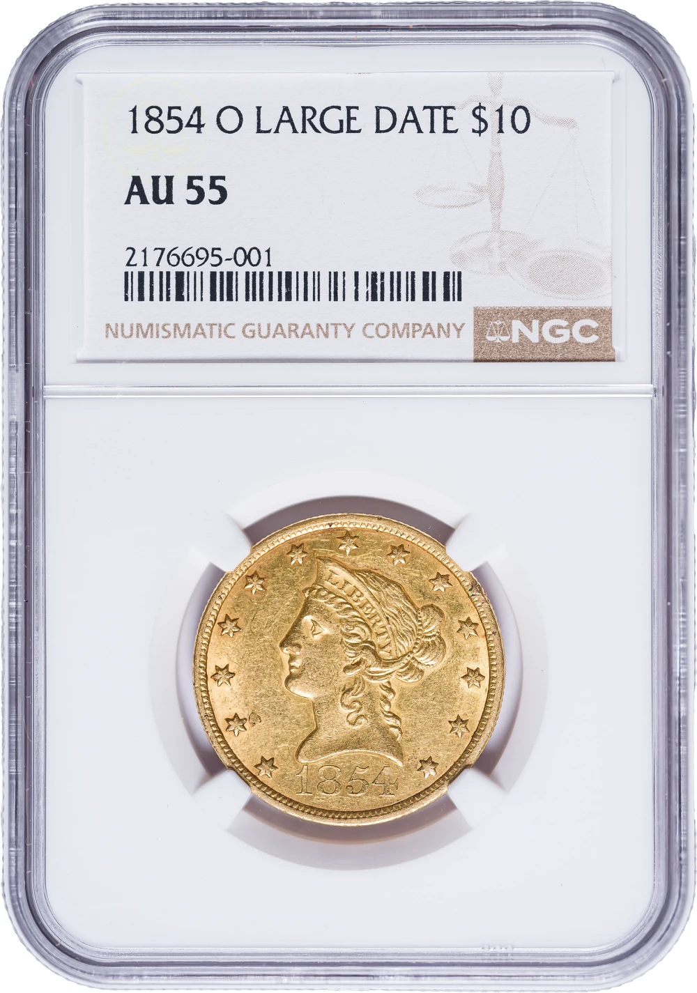 NGC AU-55 1854-O Gold $10 Liberty