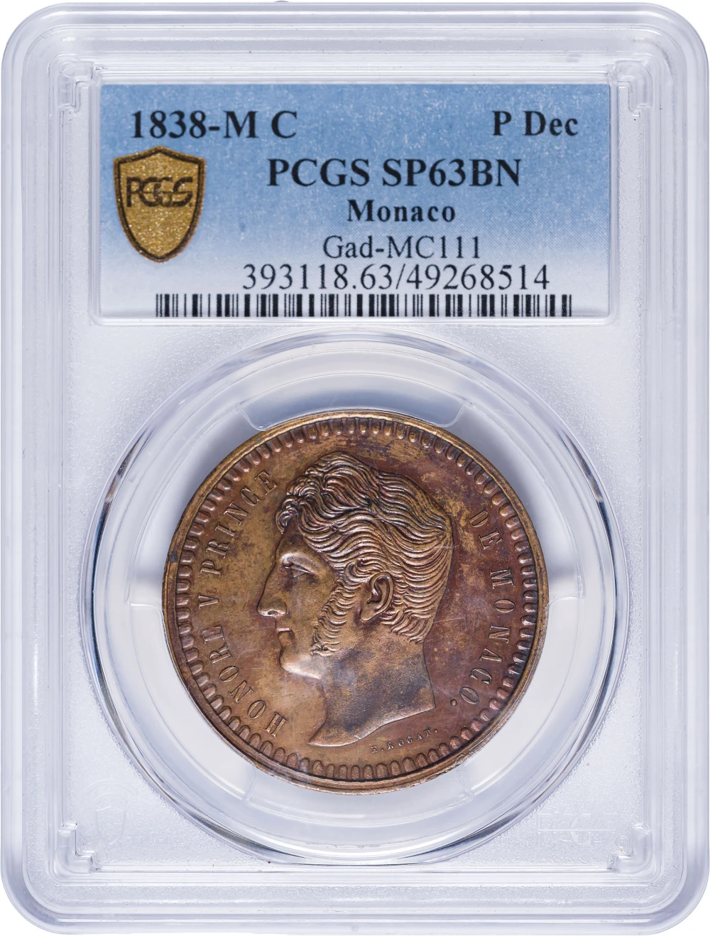 Monaco. PCGS Specimen-63 BN 1838-M C One Decime