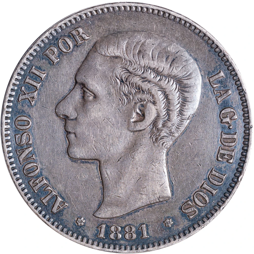 Spain. EF-45 1881 Silver 5 Pesetas