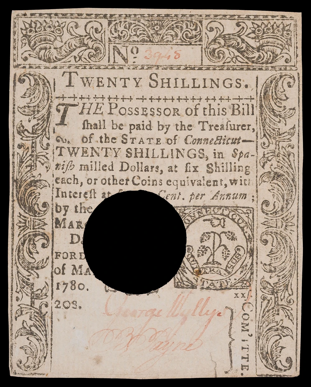 Connecticut. AU 1780 20 Shillings Note