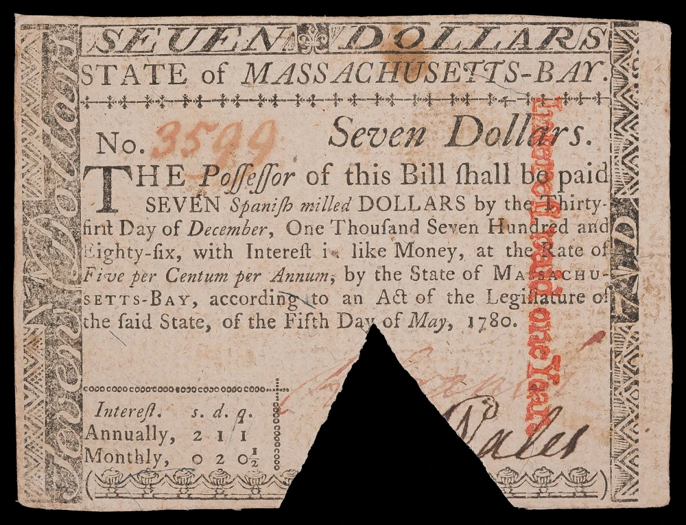 Massachusetts-Bay. EF 1780 $7 Note