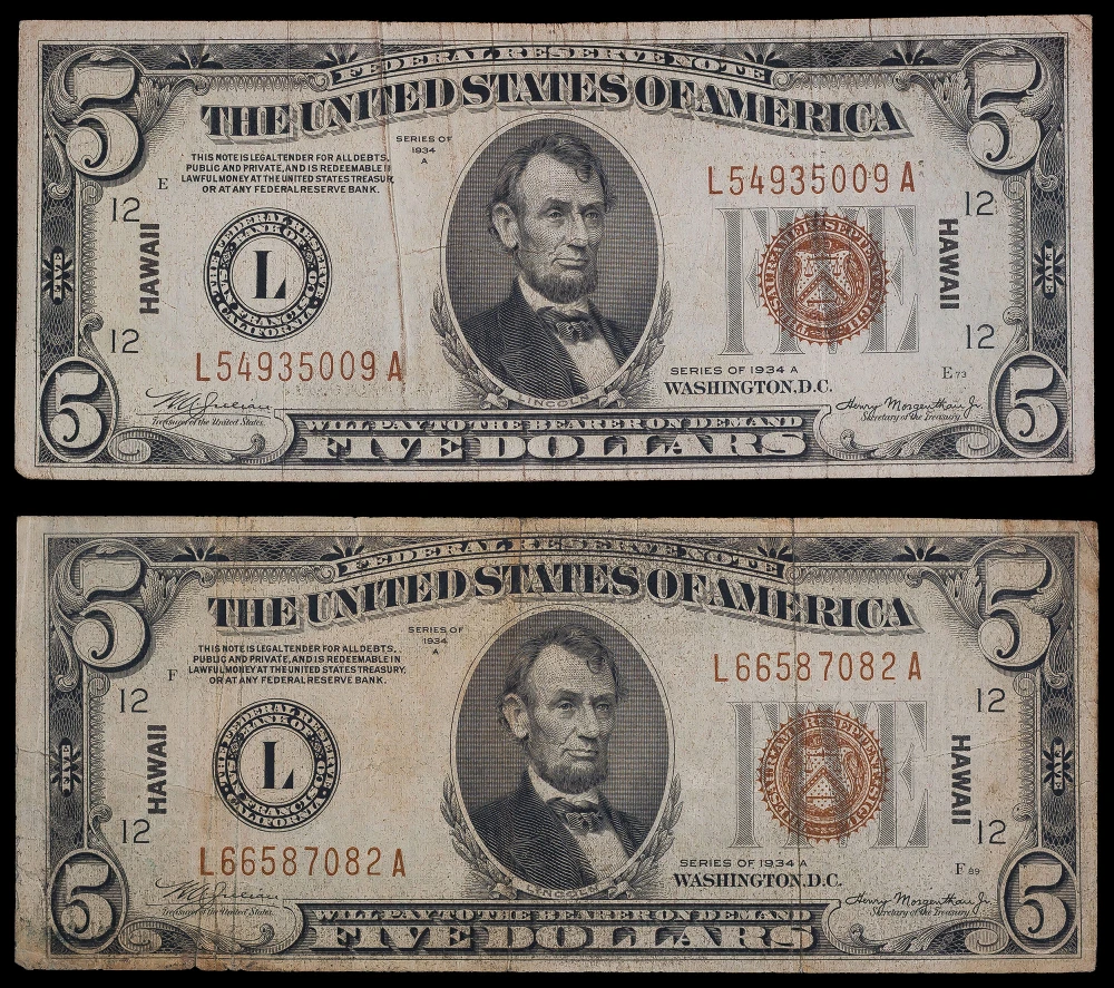 2 Pieces 1934-A Hawaii $5 FRN's