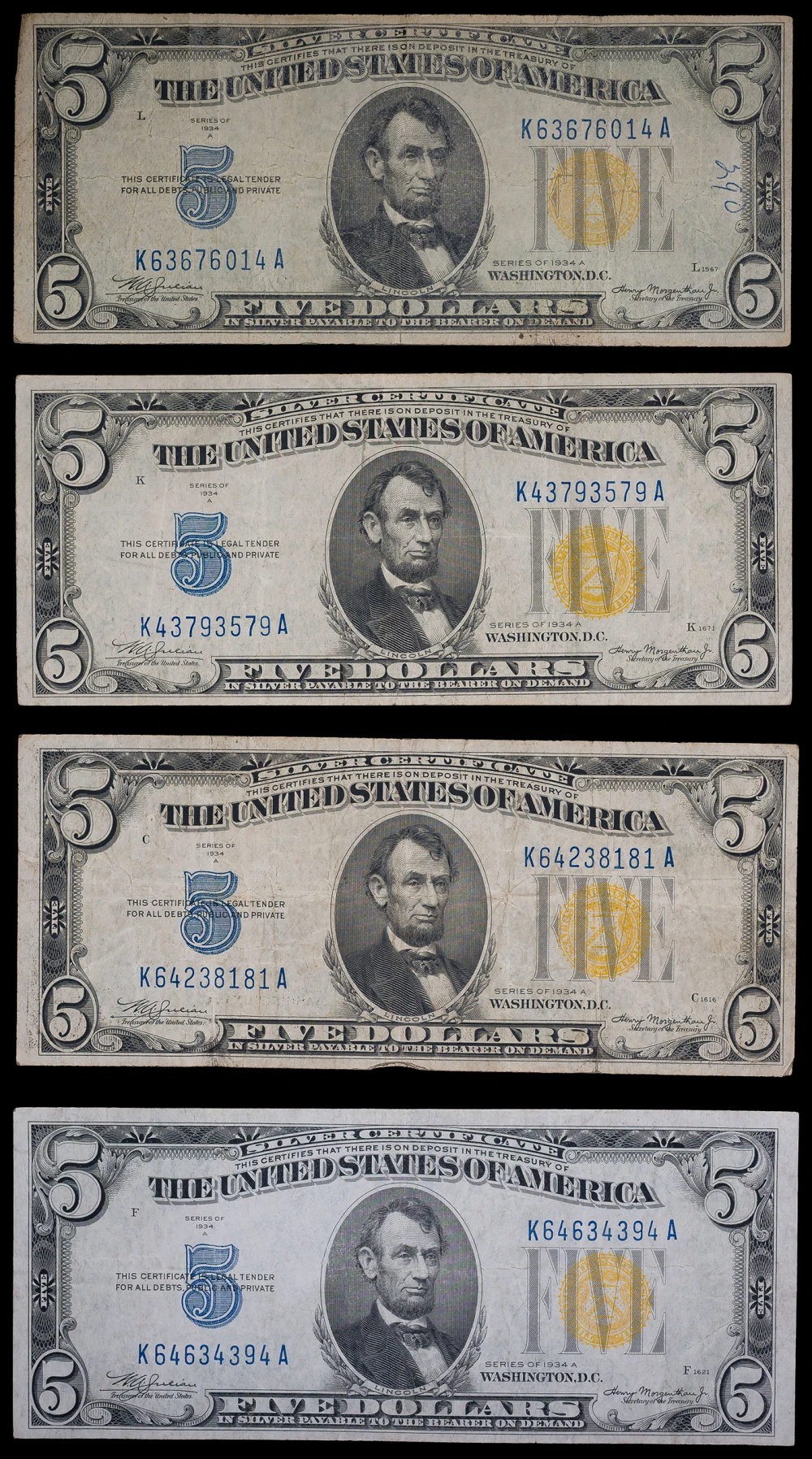 4 Pieces 1934 A $5 North Africa Silver Certs