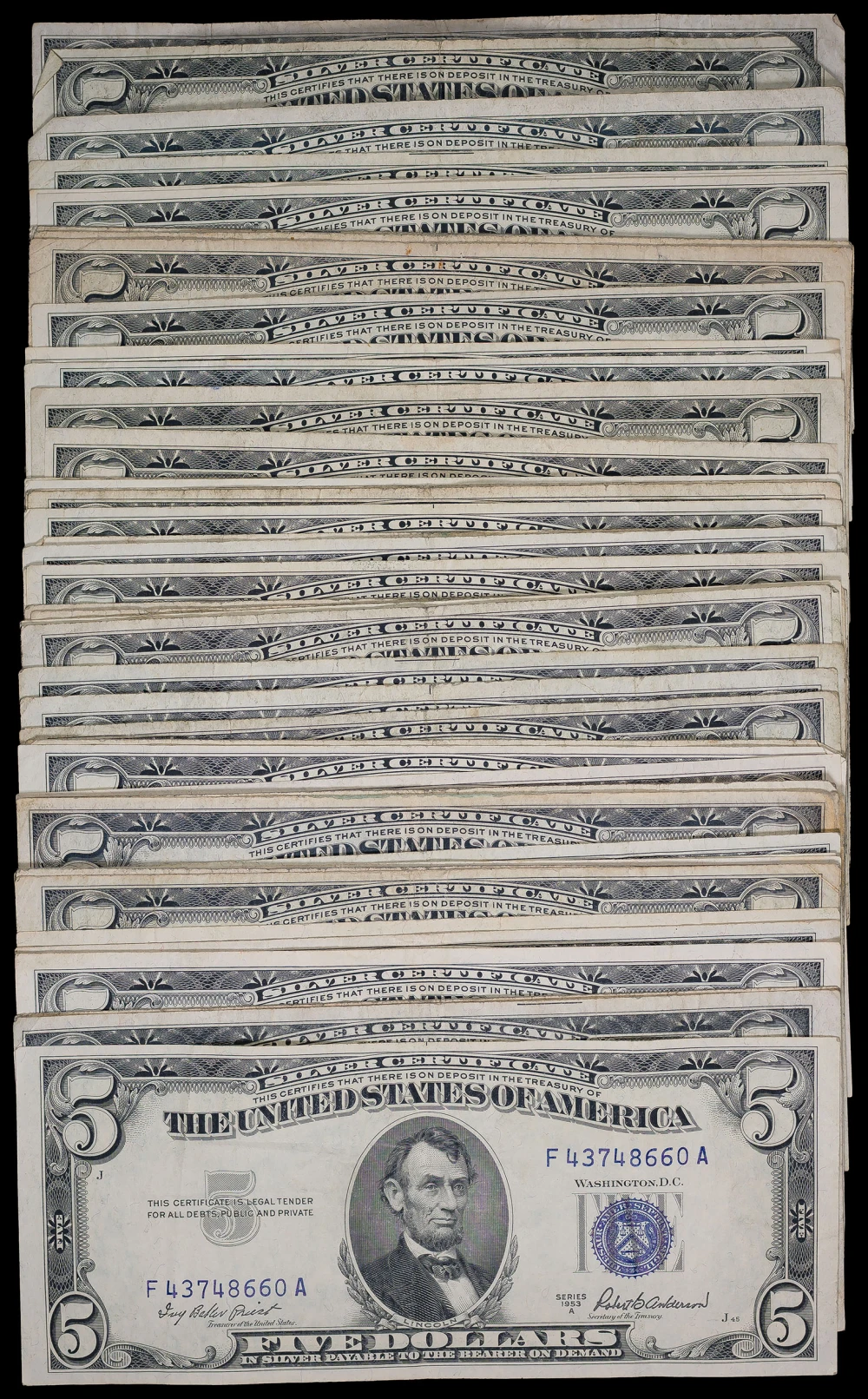 55 Pieces Mixed $5 Blue Seal Silver Certificates