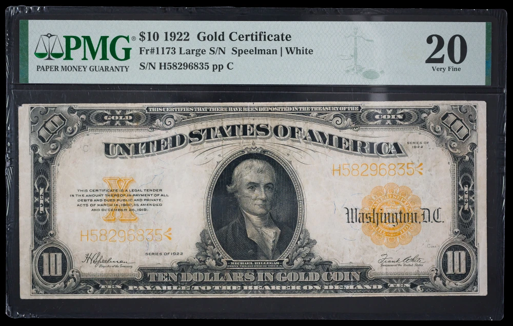 PMG VF-20 Series 1922 $10 Gold Certificate