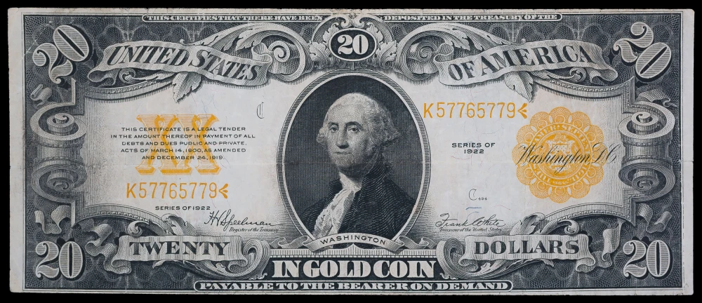 VF+ Series 1922 $20 Gold Coin Note