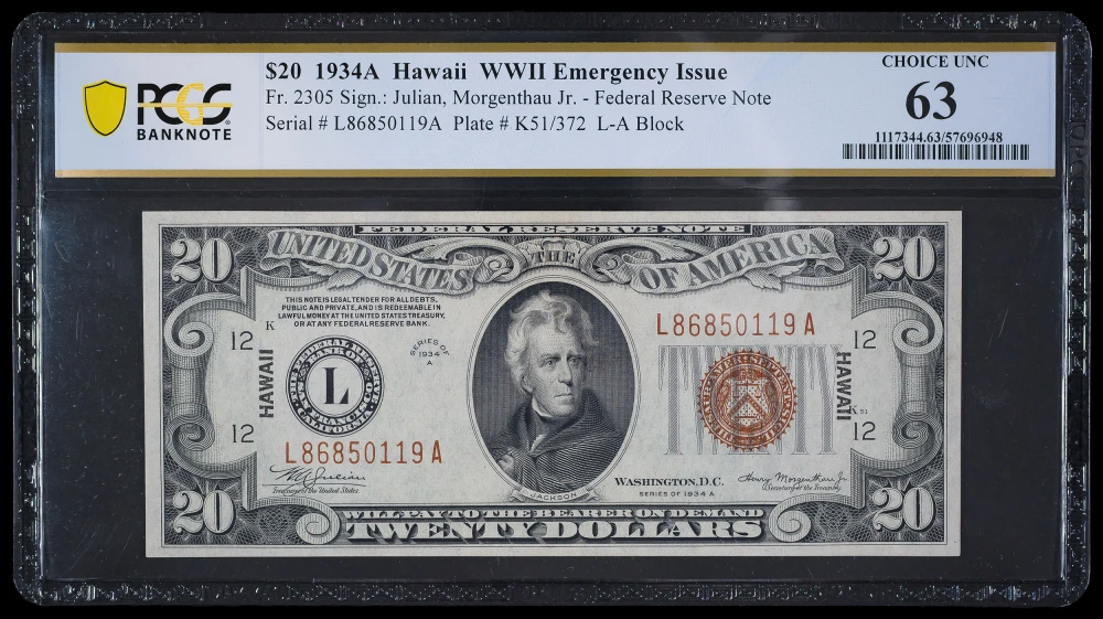 PCGS Unc-63 1934-A Hawaii Overprint $20