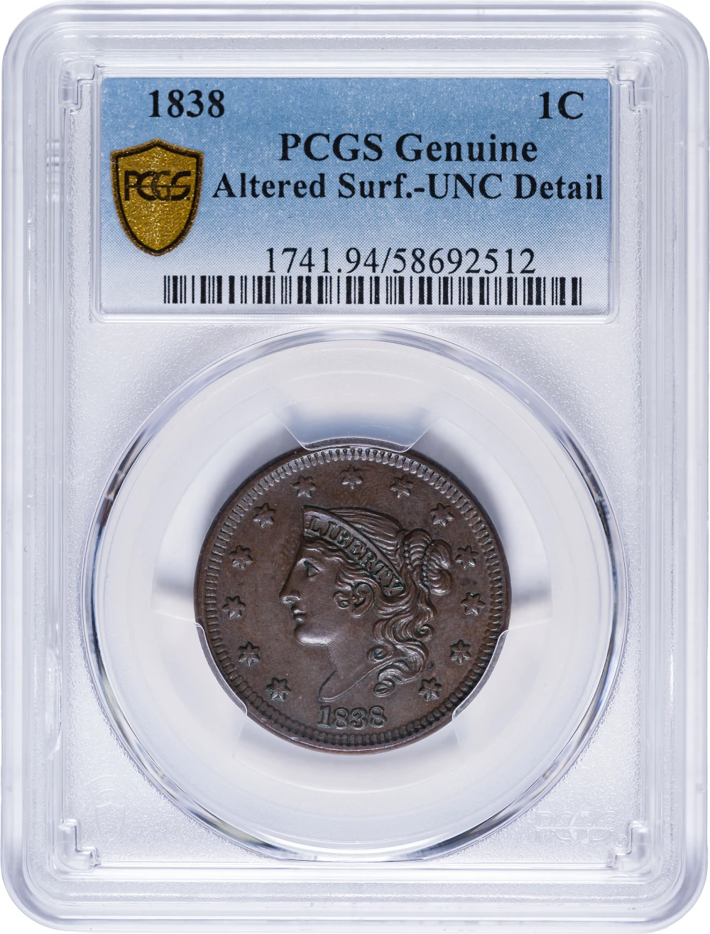 PCGS Unc Details 1838 Large Cent