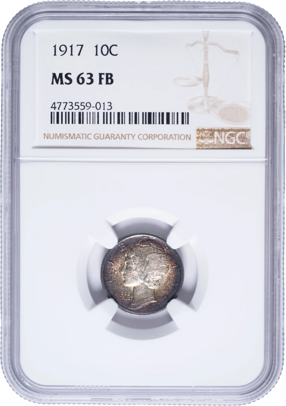 NGC MS-63 FB Toned 1917 Mercury Dime