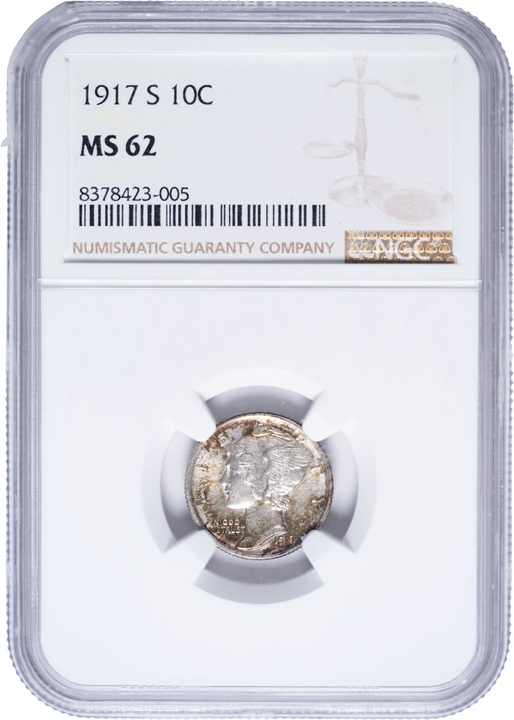 NGC MS-62 Toned 1917-S Mercury Dime