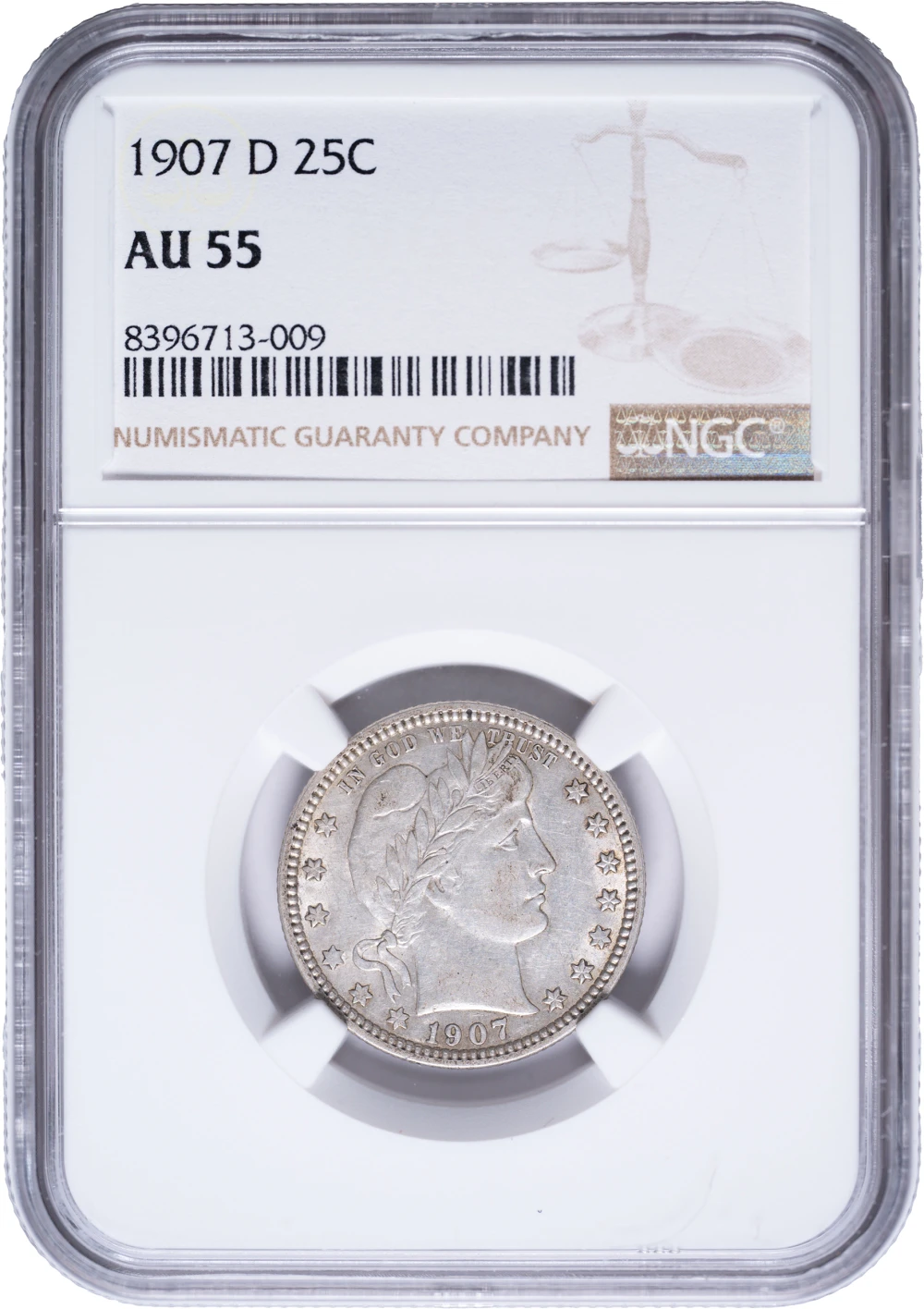 NGC AU-55 1907-D Barber Quarter