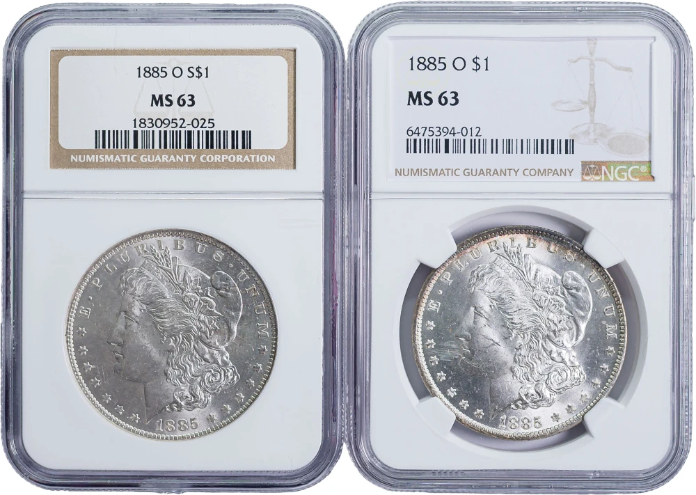 Pair Of NGC MS-63 1885-O Morgan Dollars