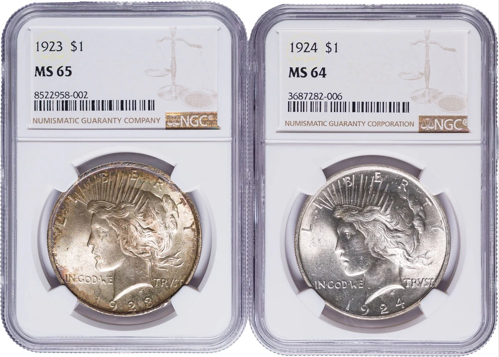 NGC MS-64 & 65 Peace Dollar Duo