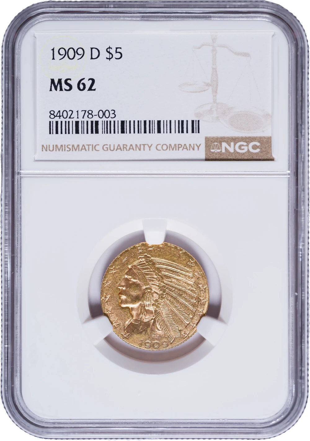 NGC MS-62 1909-D $5 Gold Indian