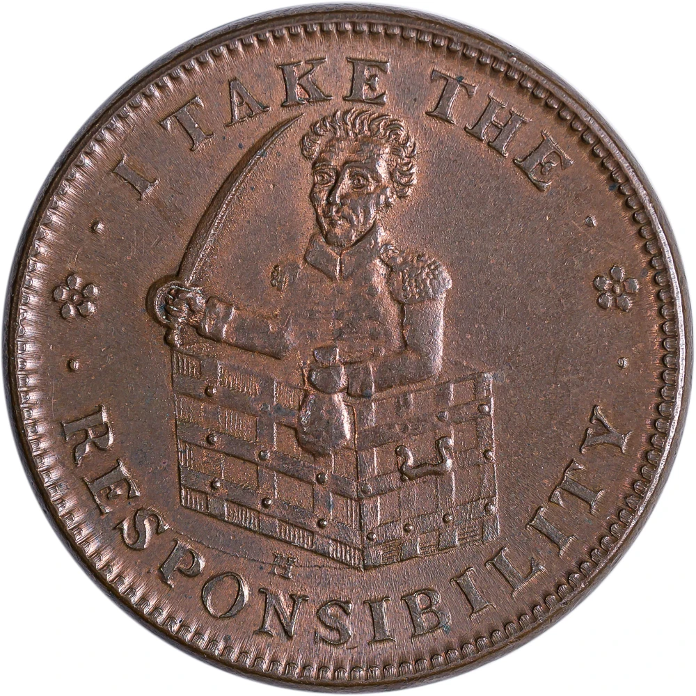 Hard Times Token. MS-63 BN 1833 Roman Firmness