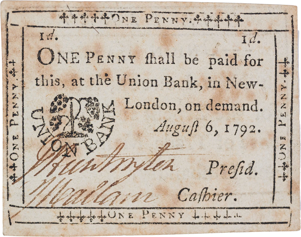 Connecticut. AU 1792 One Penny Note Rarity