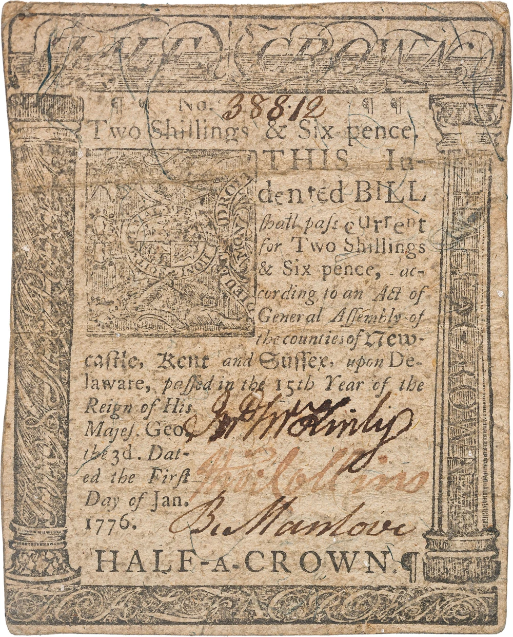Delaware. VF+ 1776 Two Shillings Six Pence Note