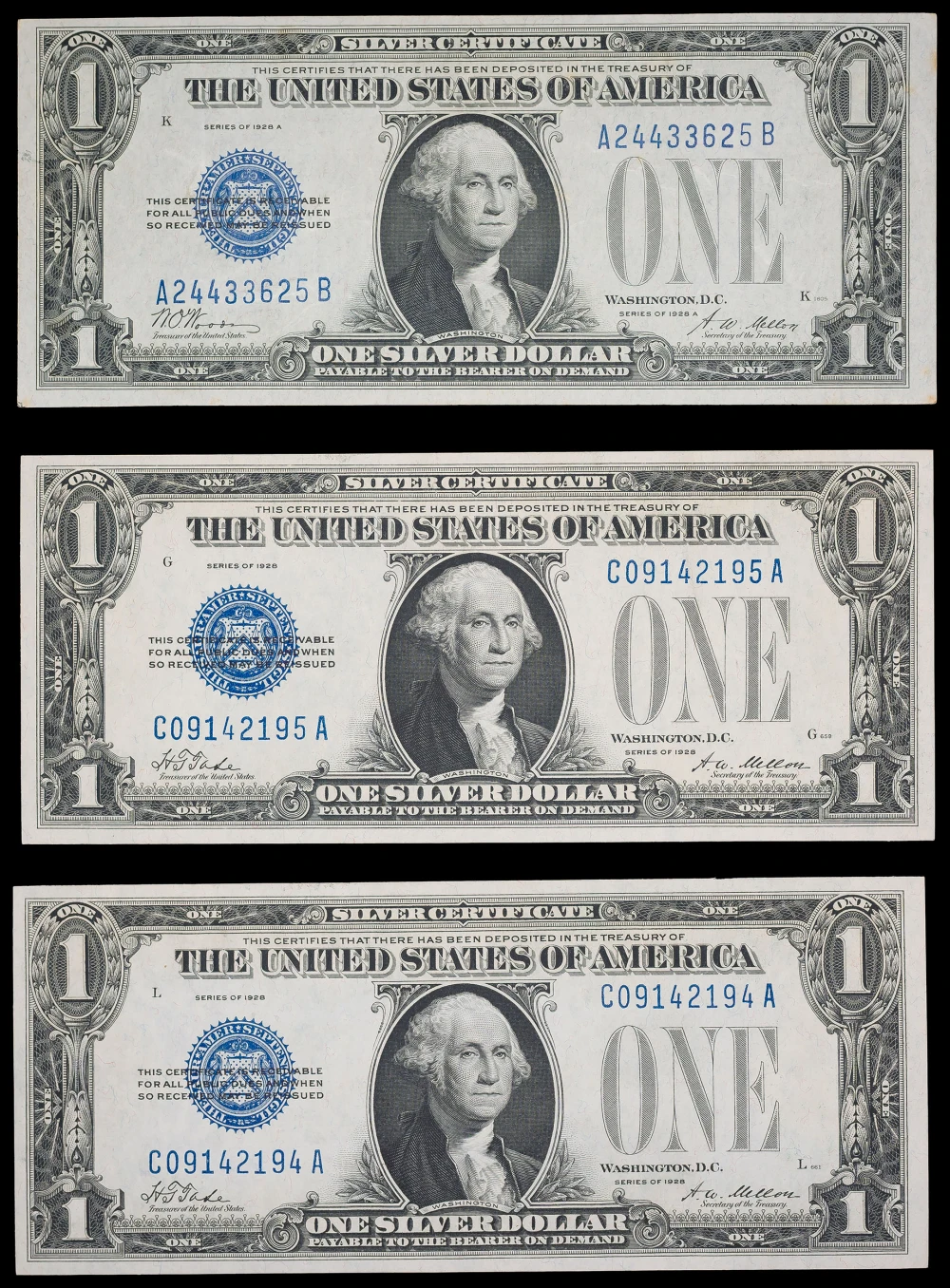 Crisp UNC Mixed 1928 $1 Silver Certificates