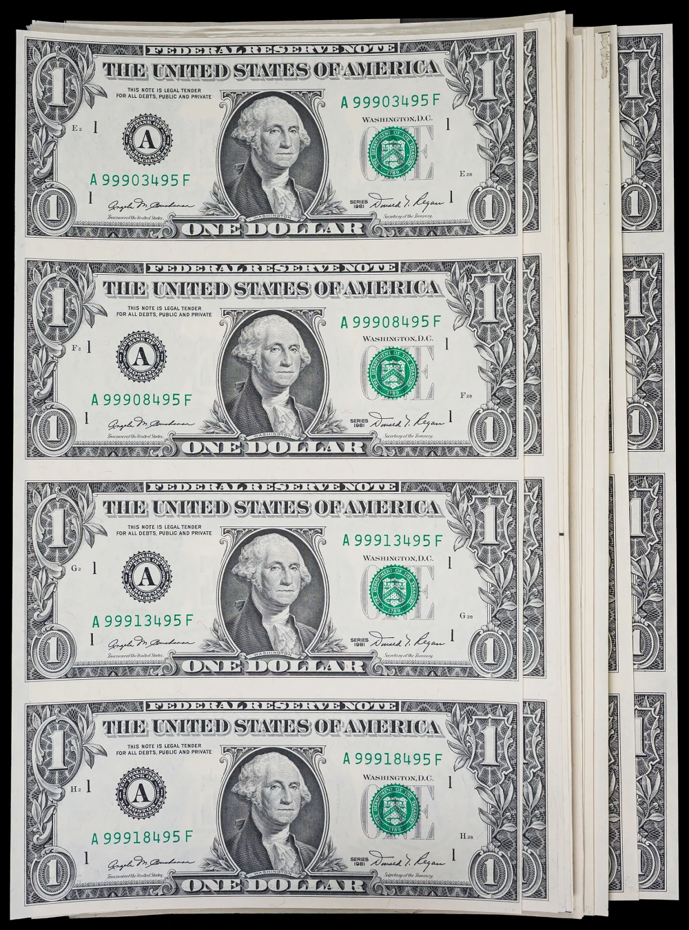 Group of Crisp New 1981 $1 Four-Note Sheets