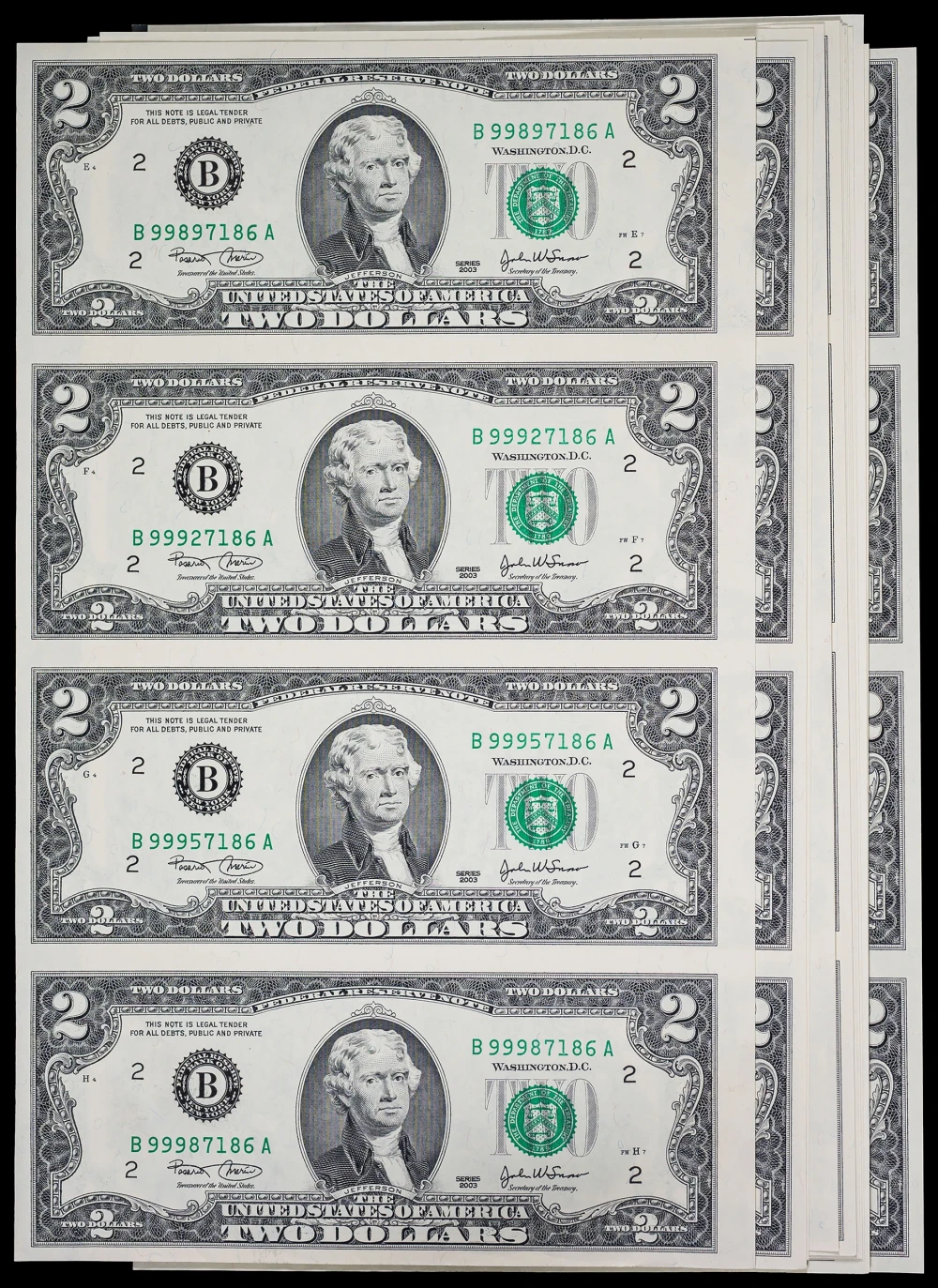 Group of Crisp New 2003 $2 Four-Note Sheets