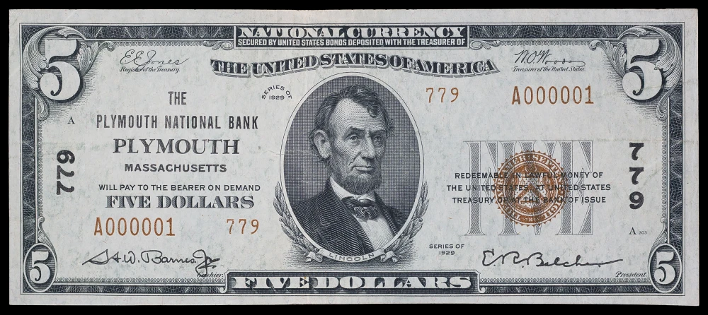 EF 1929 Serial Number 1 National Currency $5