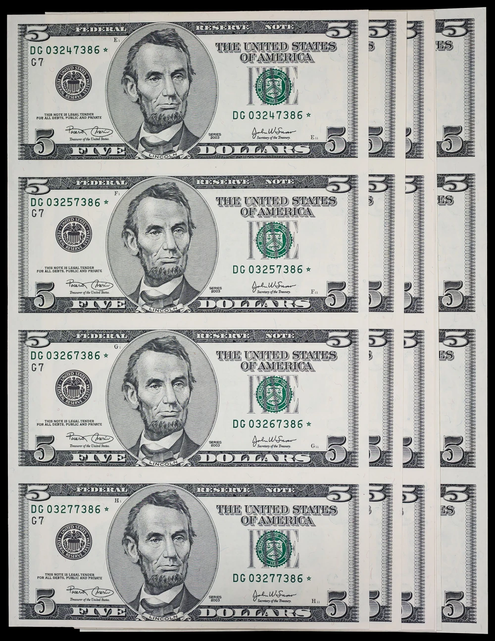 Group of 2003 $5 Four-Note Sheets of Star Notes
