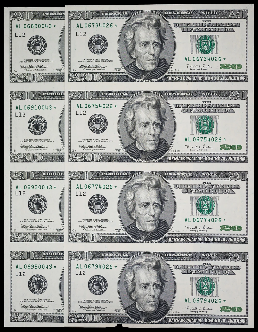 Two Crisp New $20 Four-Note Sheets of Star Notes