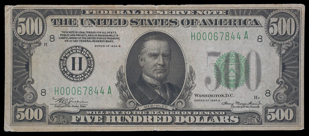 VF+ Series 1934-A $500 Federal Reserve Note