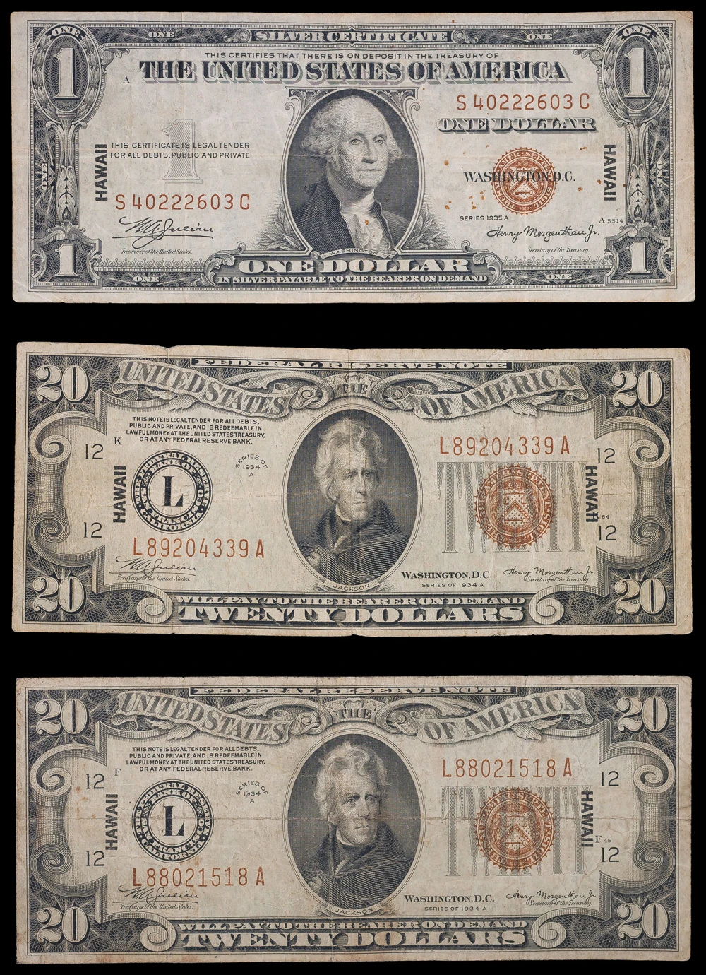 Three 1934-1935 Hawaii Overprint Notes