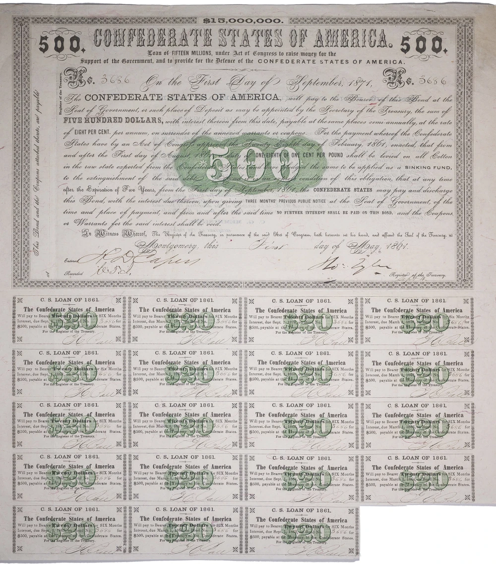Scarce Type Confederate 1861 $500 Bond