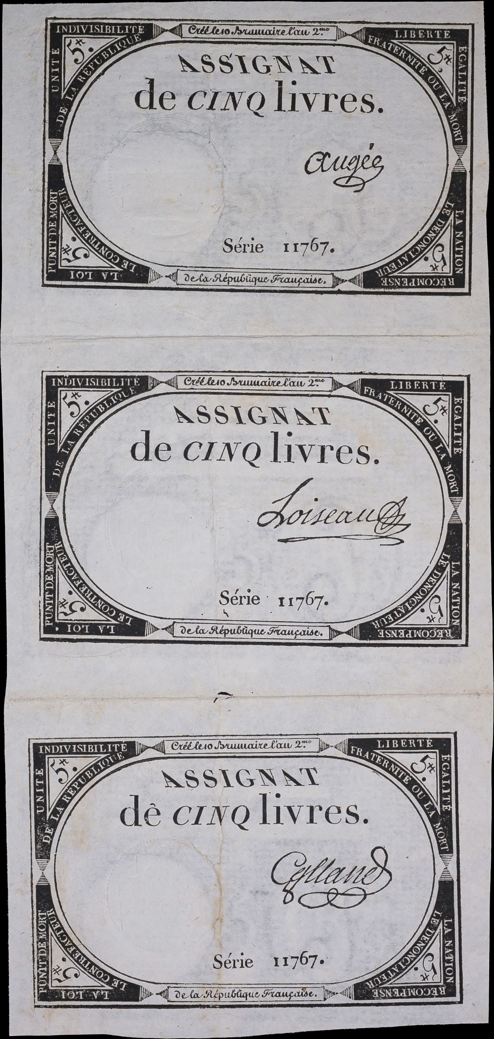 France. VF Uncut Sheet 1793 5 Livres Notes
