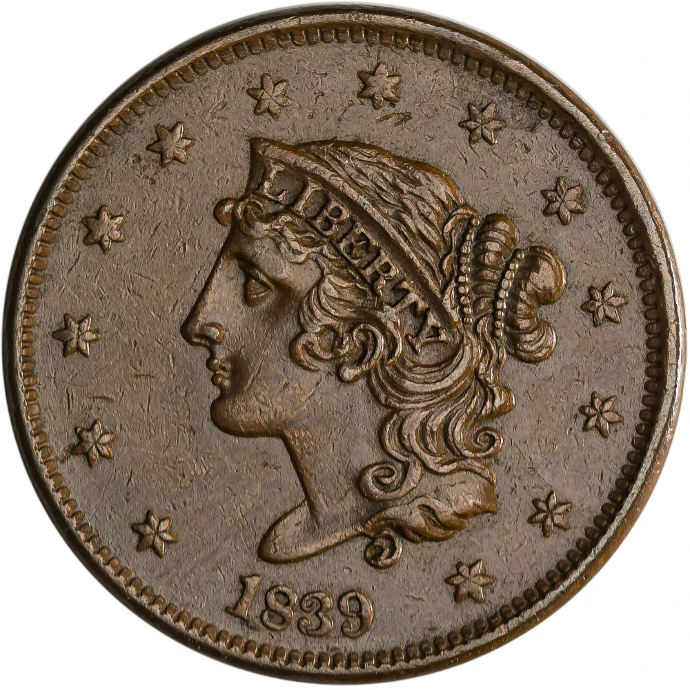 AU-50 1839 Booby Head Large Cent