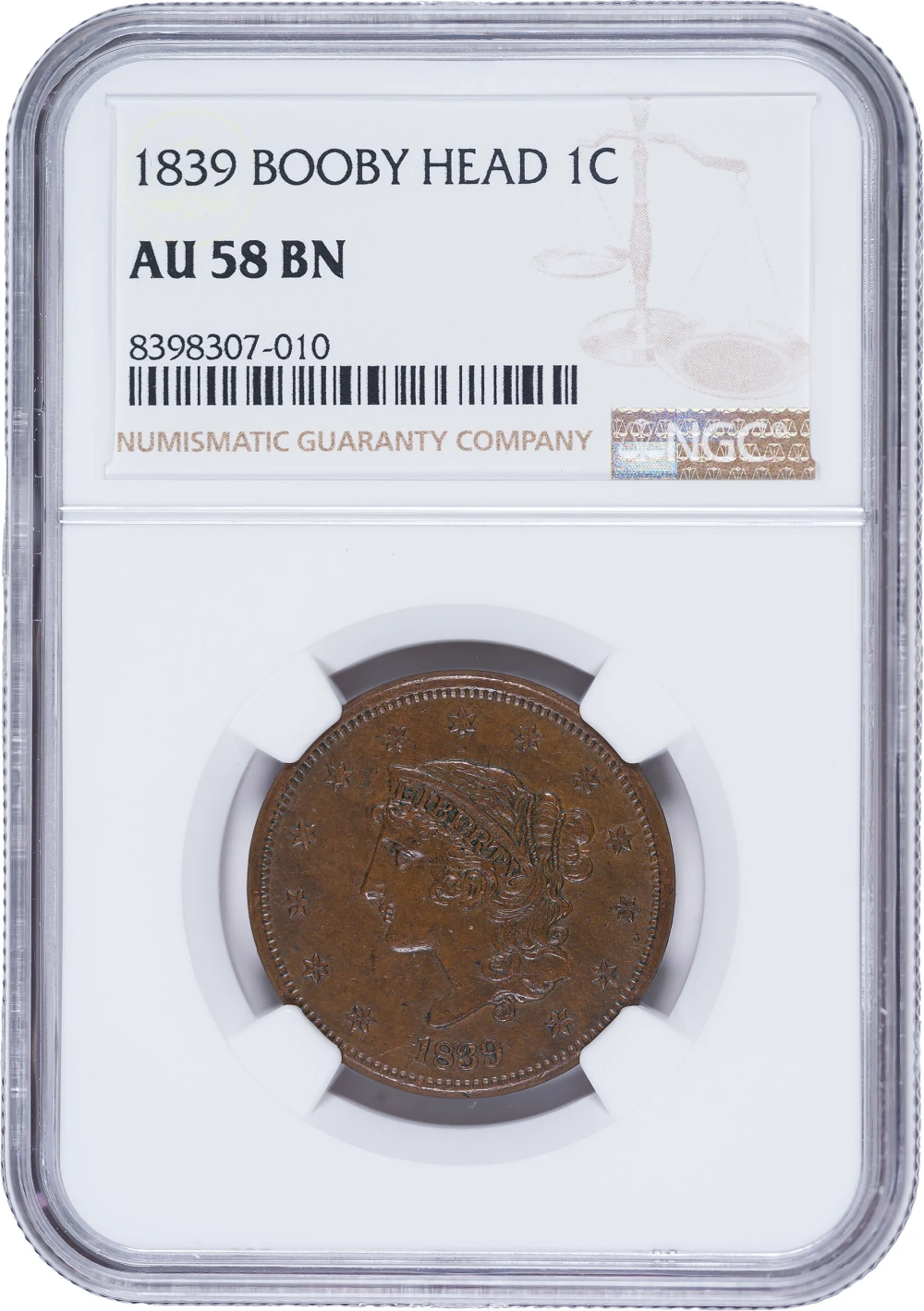 NGC AU-58 1839 Booby Head Large Cent