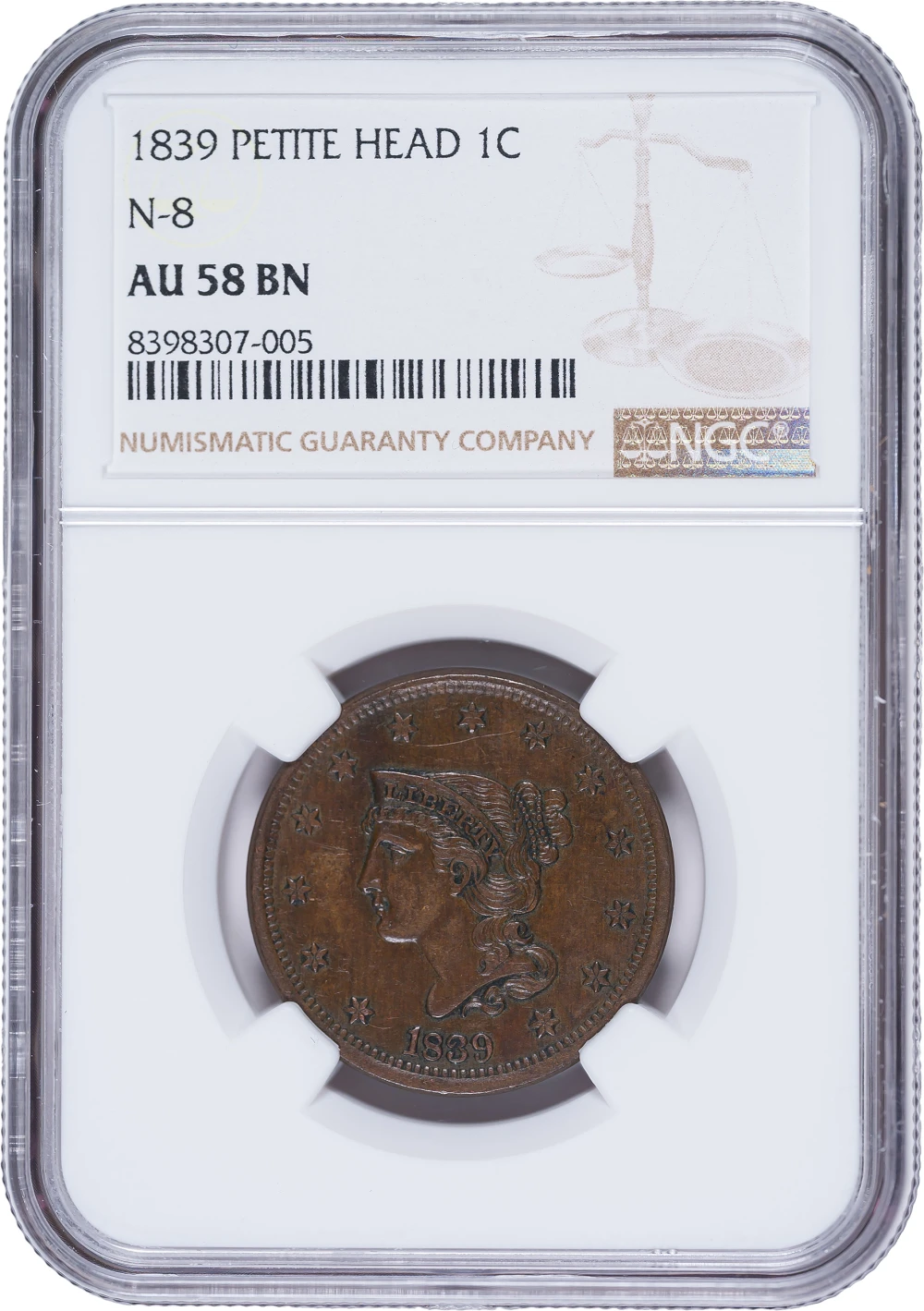 NGC AU-58 1839 Petite Head Large Cent