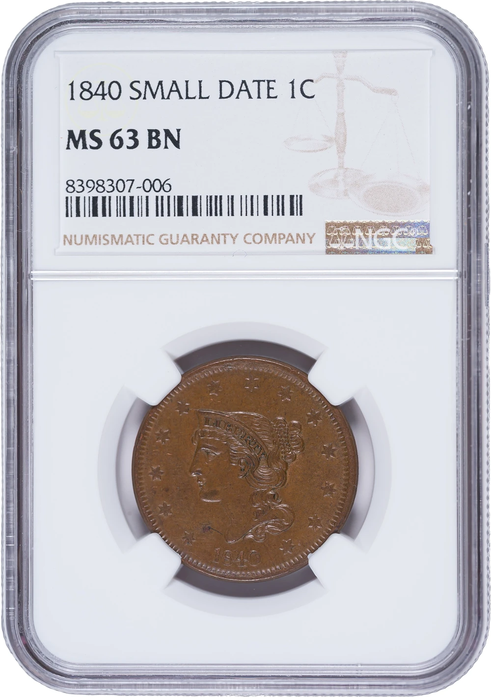 NGC MS-63 BN 1840 Small Date Large Cent