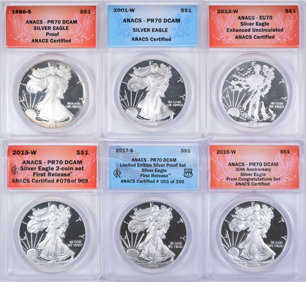 6 Different ANACS Proof-70 Silver Eagles