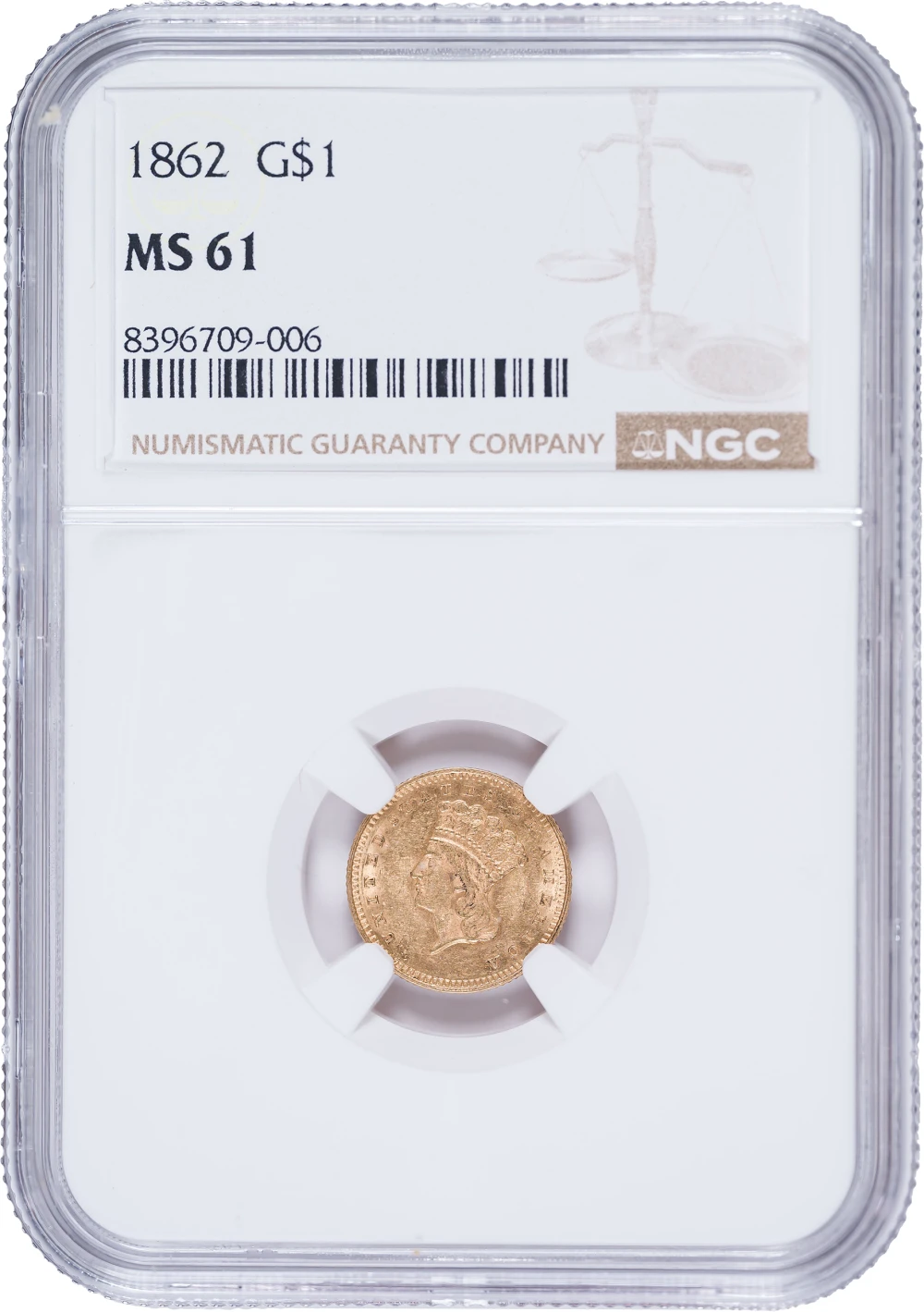 NGC MS-61 1862 Gold Dollar