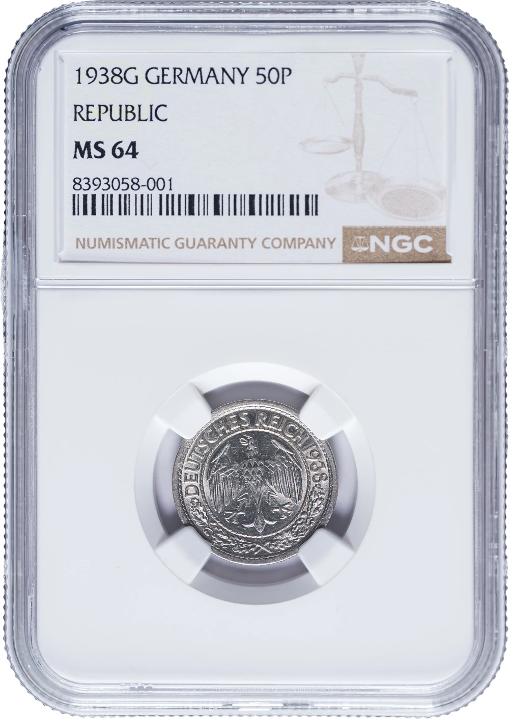 Germany. NGC MS-64 1938-G Silver 50 Pfennig