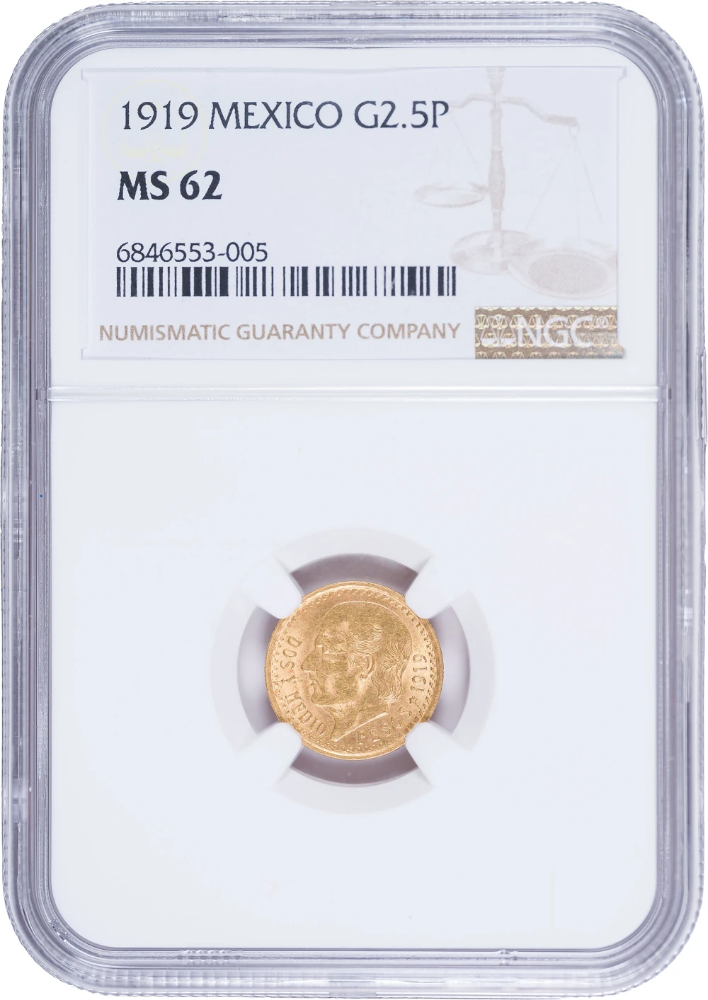 Mexico. NGC MS-62 Gold 1919 2.5 Pesos