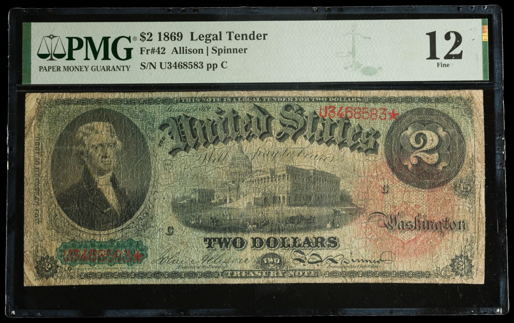 PMG Fine-12 Series 1869 Rainbow $2 Treasury Note