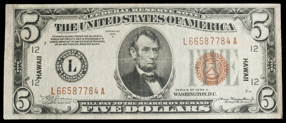 VF Series 1934 A Hawaii Overprint $5