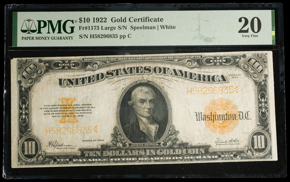 PMG VF-20 Series 1922 $10 Gold Coin Note